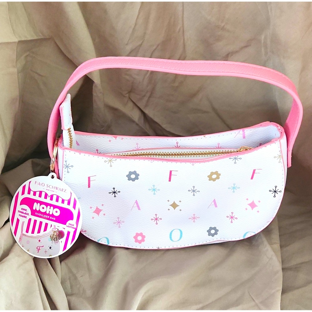 FAO Schwarz Women's Logo Shoulder Bag White/Pink Zip Bag Charm Lined Gold